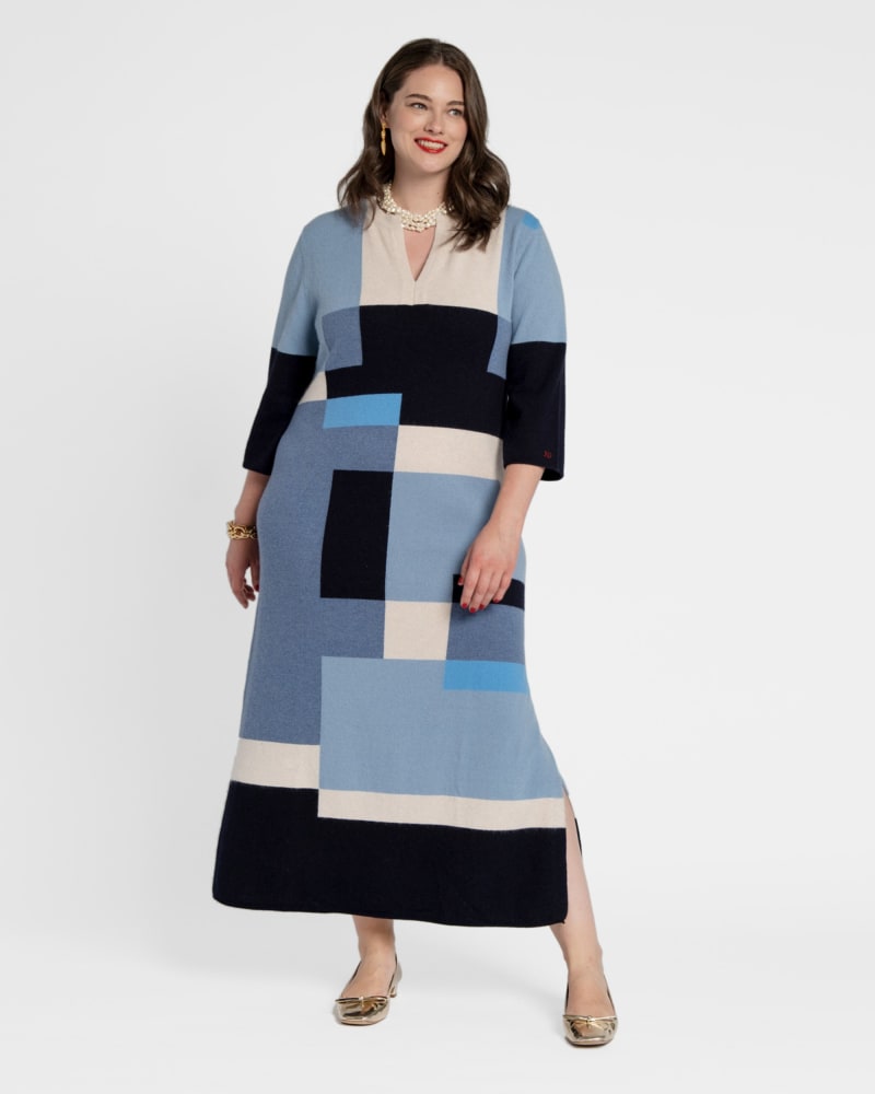 Front of a model wearing a size 3X Classic Colorblock Maxi Dress Blue in Multi by Frances Valentine. | dia_product_style_image_id:242770